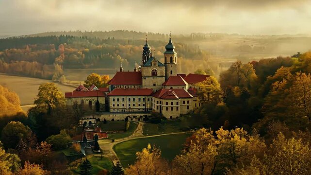 Stunning aerial view of Kladruby Monastery amidst autumn foliage in the Czech Republic, Aerial view of the monastery Kladruby in the Czech Republic on a cloudy day in autumn