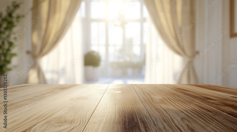 Poster golden rays of morning light fill a bright room with soft curtains, casting a warm glow on a polishe