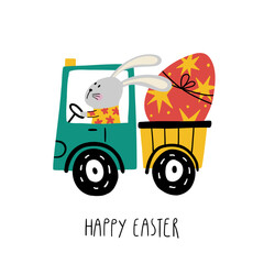 aster illustration with cute bunny driving car, easter egg, flowers, lettering Happy Easter. Spring cartoon print in flat style. Vector design in child style for Easter holiday cards and invitations.