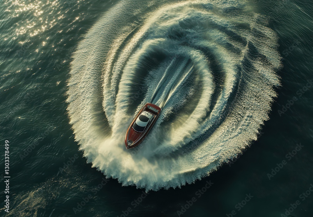 Poster aerial view of powerboat creating circular wake patterns in calm water with sunlight reflection duri