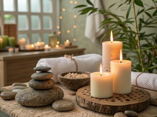 A tranquil spa scene features lit candles, rolled towels, smooth stones, and scattered salt against a dark backdrop with blurred palm leaves
