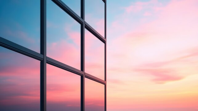 Architectural Reflection Capturing a Tranquil Sunset Sky View from Modern Building Windows