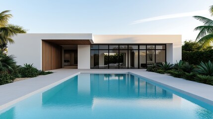 Fototapeta premium Contemporary House with Reflective Swimming Pool and Serene Garden Design under Clear Sky Day