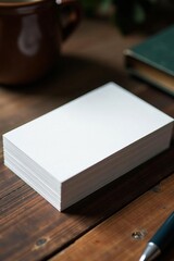 Fototapeta premium Stack of blank business cards on vintage wooden desk, communication, stationery