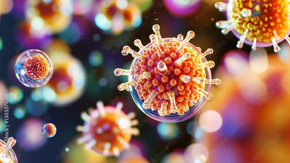 Poster detailed visualization of viruses under a microscope showcasing various structures and forms in a co