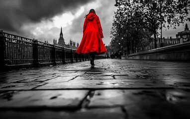 Obraz premium Woman in red coat walks alone on cobblestone street during cloudy day in urban setting