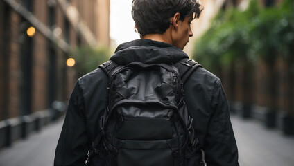 Fototapeta premium Black Blank Backpack on Young Man's Back for Fashion and Travel