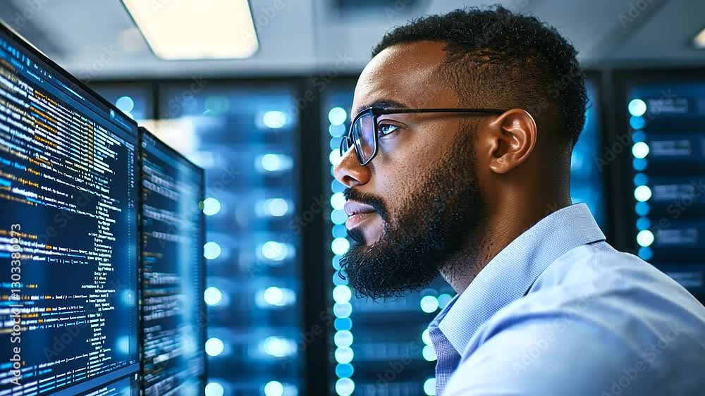 Aufkleber expert software developer working in a cutting-edge server room setting.