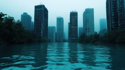 Fototapeta premium Submerged City Skyline a Post Apocalyptic View of Dystopian Future Amidst Rising Flood Waters