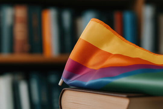 Rainbow flag displayed on top of books in a library setting promoting inclusivity