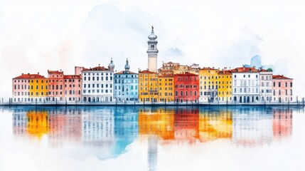 Fototapeta premium Watercolor Venice Canal View with Colorful Buildings Reflecting in Water Tower Dominating Skyline