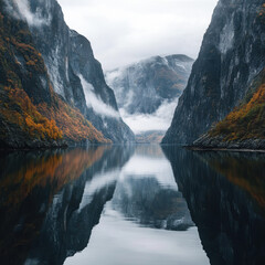 A scenic fjord surrounded by towering cliffs, reflections of the sky on calm waters, soft mist over the peaks, serene and high-resolution Nordic landscape photography. 