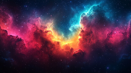 Fototapeta premium Majestic cosmic panorama of a swirling nebula surrounded by glimmering galaxies in the depths of outer space, featuring an ethereal abstract cosmos background symbolizing the infinite universe. 