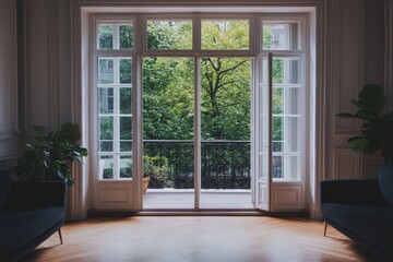 Fototapeta premium Spacious apartment with large patio doors, nature view. Interior design
