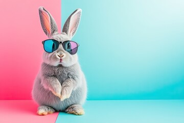 Fototapeta premium Cute white Easter bunny wearing sunglasses on colorful background. AI generated image