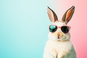 Fototapeta premium Cute white Easter bunny wearing sunglasses on colorful background. AI generated image