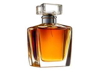 Amber perfume bottle on black background