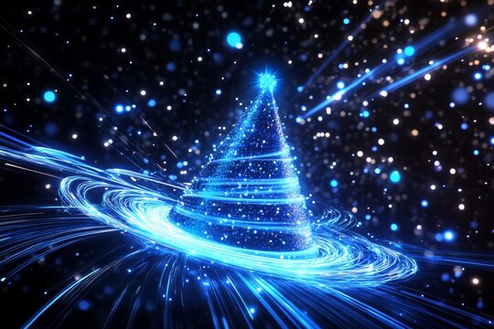 Futuristic party atmosphere with a vibrant neon blue light emitting from a striking party hat