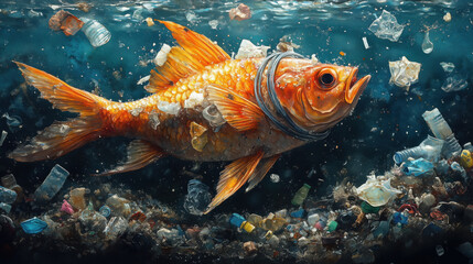 Fototapeta premium Goldfish swimming in dirty polluted ocean water full of plastic waste, global catastrophe.