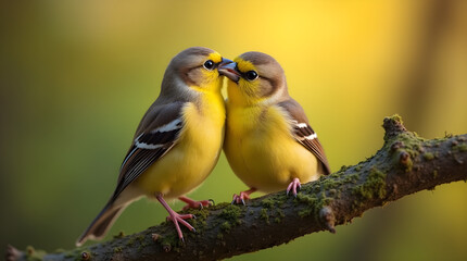 Fototapeta premium Romantic Pair of Yellow Birds Kissing Branch Bokeh Nature Wildlife Close-Up