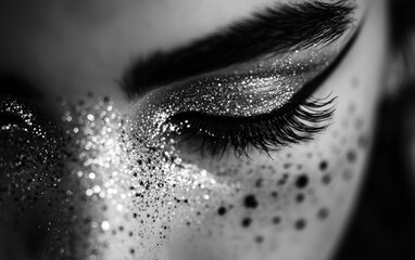 Close-up view of a person's eye adorned with glitter and intricate makeup details during a creative art session