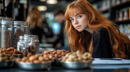 Redhead woman in cafe browsing nuts