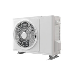 Obraz premium A white heat pump is featured with a sleek design, suitable for outdoor installation in residential areas to provide effective heating and cooling.