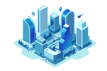Vector illustration of modern smart city in isometric style. Megapolis, business center with tall futuristic buildings. 3D City district in blue colors isolated on white. Ideal for infographics, web.