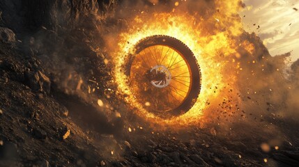 Surreal mountain bike tire spinning into a fiery explosion against a rocky backdrop at sunset