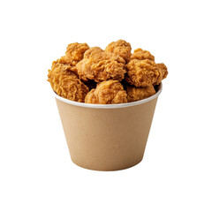 Juicy, golden fried chicken pieces are arranged in a sturdy paper bucket, isolated on a transparent background, showcasing their tempting appeal.