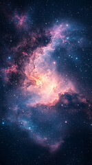 Naklejka premium Majestic cosmic panorama of a swirling nebula surrounded by glimmering galaxies in the depths of outer space, featuring an ethereal abstract cosmos background symbolizing the infinite universe. 