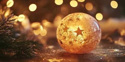 Fototapeta premium Warm glowing orb with golden stars and soft bokeh lighting