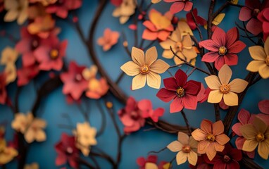 Beautifully crafted paper flowers in vibrant colors create a stunning mural against a blue backdrop