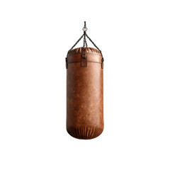 Brown leather punching bag hangs from a chain against a transparent background, perfect for fitness-related content and designs.