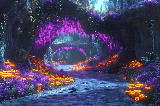 Magical cave pathway, vibrant flora