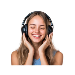 Fototapeta premium Joyful woman listens to music with headphones, smiling as she experiences her favorite tunes at home during the afternoon.