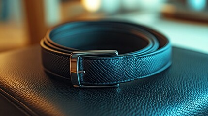 Rolled black leather belt on dark surface