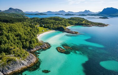 Aerial View of Serene Tropical Beach with Turquoise Waters and Green Mountains in the Background Under Bright Blue Sky