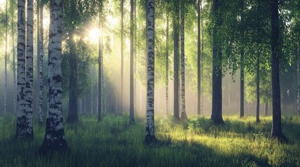 Sunlit Birch Forest: A Serene Morning in Nature's Embrace
