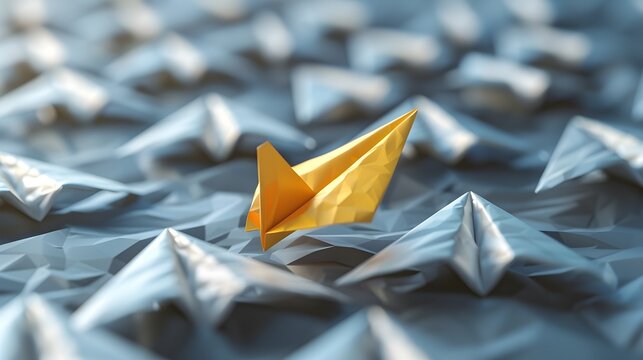 A Single Golden Origami Plane Leading Ahead of Silver Ones Representing Leadership and Audacity