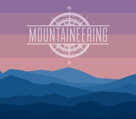 Landscape with blue mountains on sunset. Huge mountain range in twilight. Mountaineering handdrawn flyer. Typography flat poster of high rocky mountains. Vector illustration.