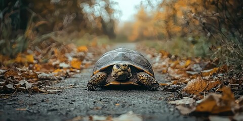 Wise-looking tortoise slowly making its way across a path