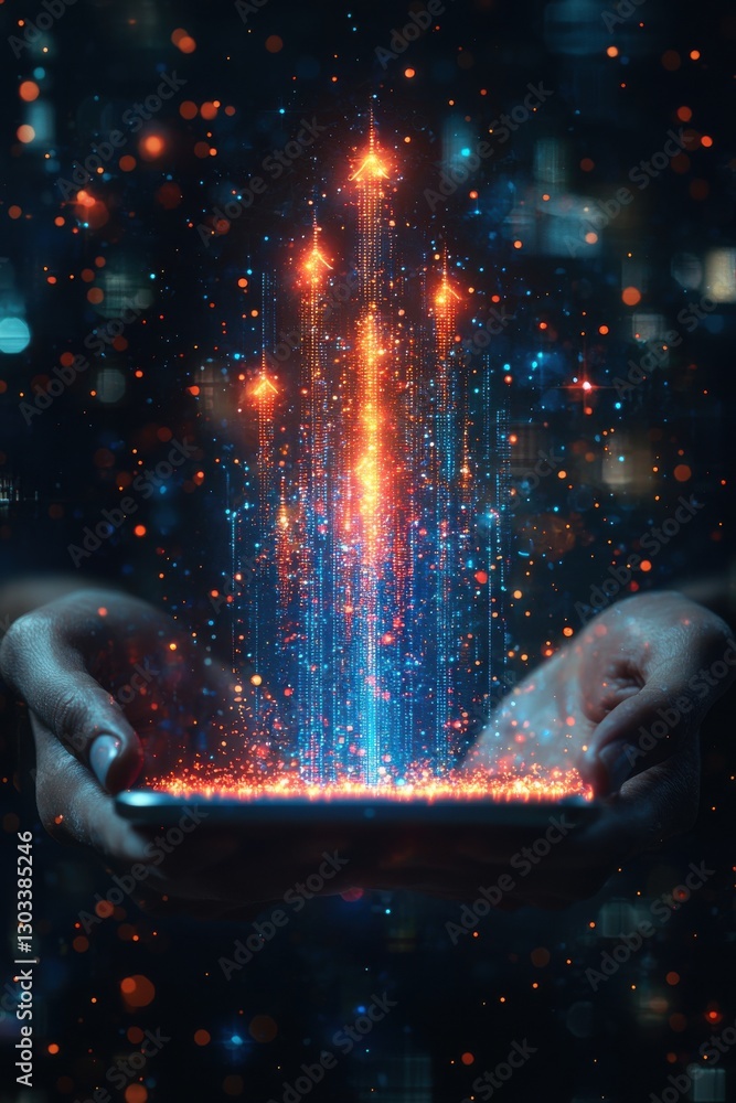 Poster colorful digital abstract visualization emerging from a handheld device