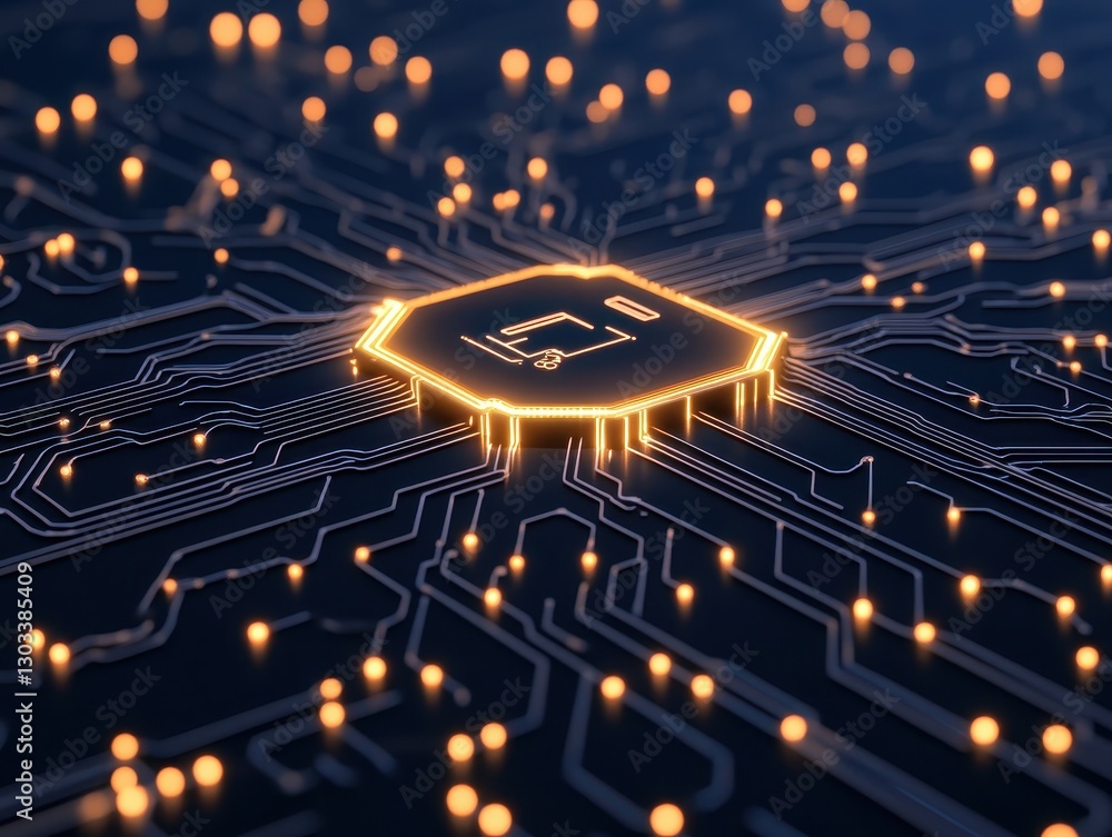 Poster close-up of a glowing microchip on a dark circuit board with illuminated connections