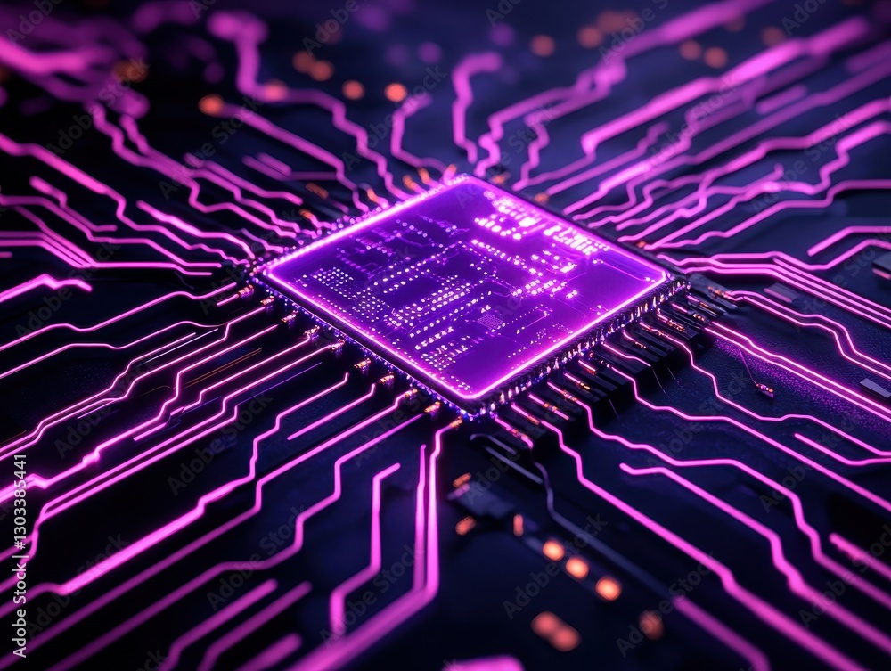 Poster close-up view of a glowing microchip with intricate circuitry in vibrant purple tones