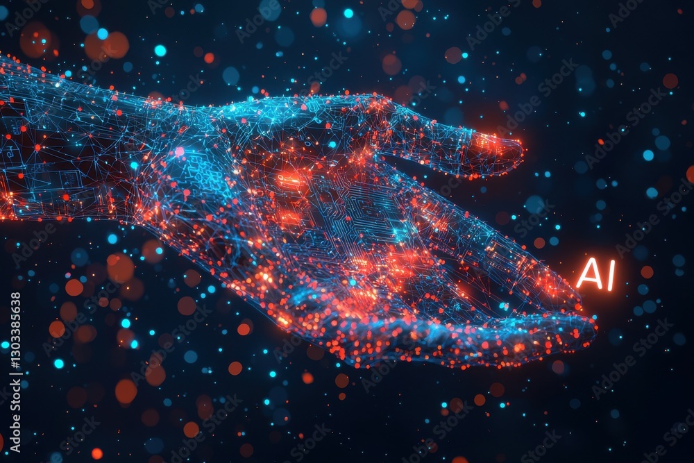 Poster abstract digital hand holding an ai microchip glowing with data