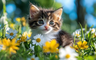 Cute kitten playing among colorful flowers in a sunny meadow during springtime outdoors