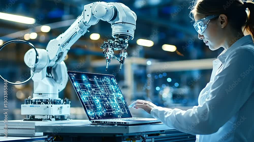 Aufkleber engineer fine-tuning a robotic prototype in a high-tech manufacturing environment.