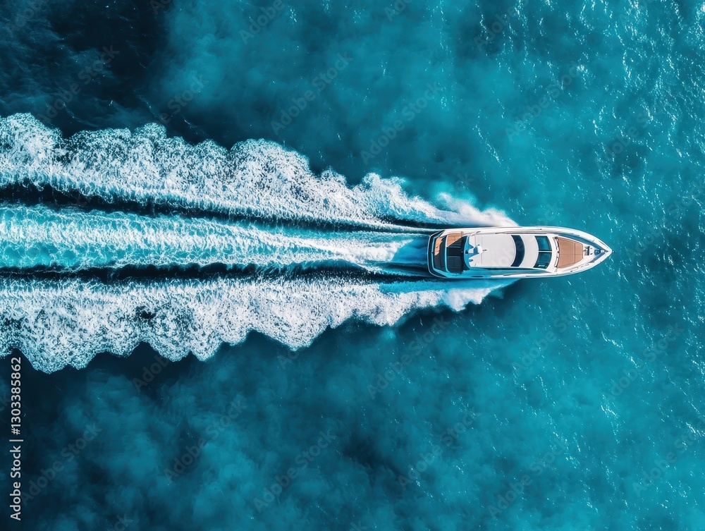 Poster aerial view of speedboat cutting through turquoise waters creating dynamic wake and waves in sunny t