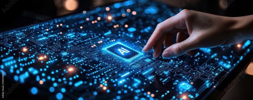 Poster hand points to ai technology illuminating digital interface concept
